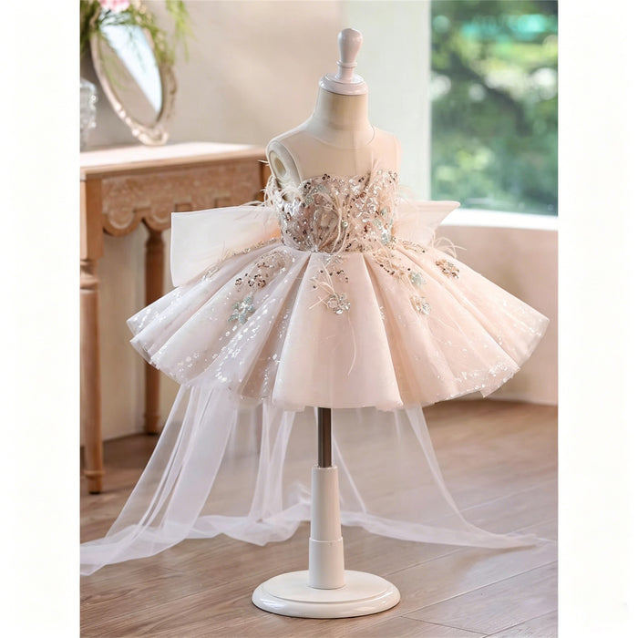 Champagne Beaded Feather Tulle Flower Girl Dress with Oversized Bow D290