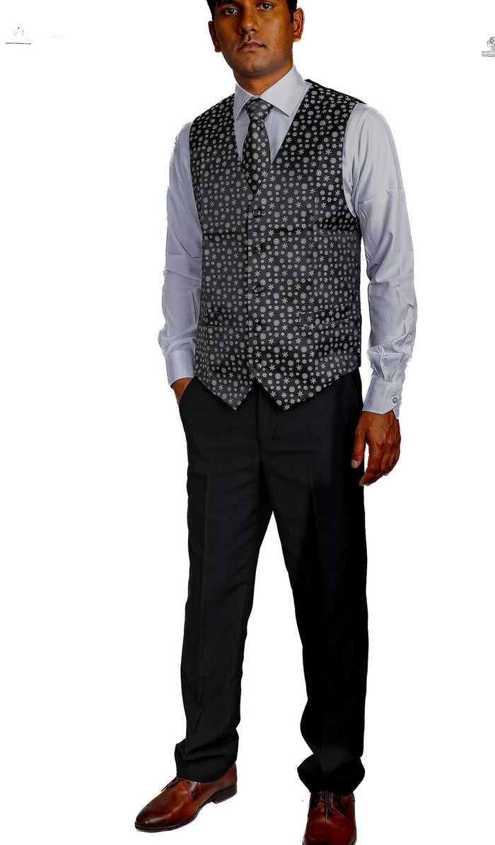 Christmas Men's Black White Snowflake Silk Tie Hanky Cufflinks Waistcoat Vest Set-MJ-2558 - SimonVon Shop