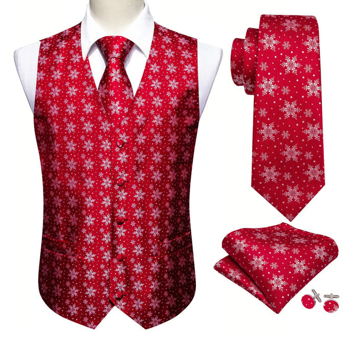 Christmas Men's Red White Snowflake Silk Tie Hanky Cufflinks Waistcoat Vest Set-MJ-2576 - SimonVon Shop