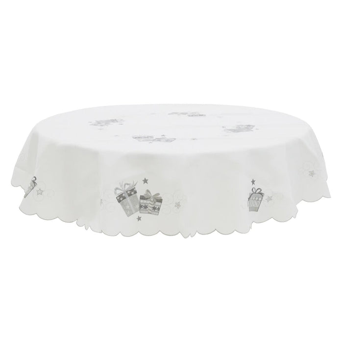Christmas Presents Tablecloths Napkins White Fabric Embroidery 70" Round