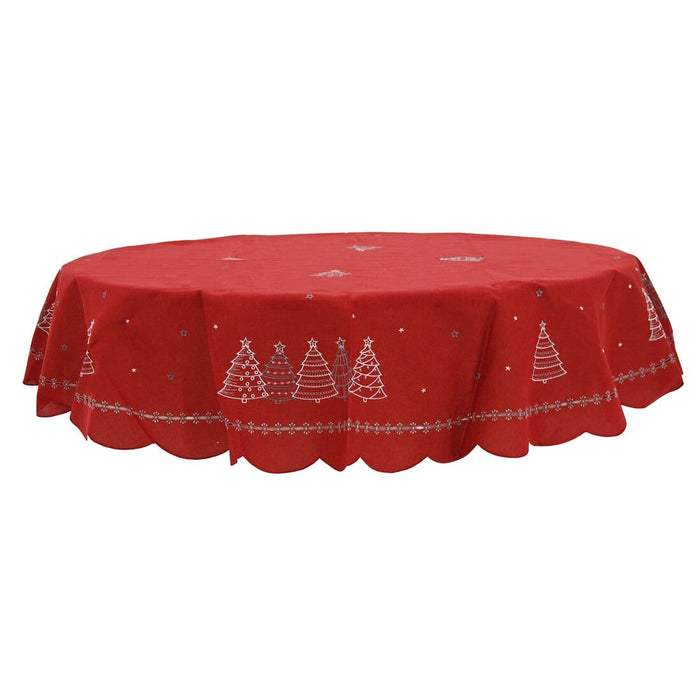 Christmas Tree Embroidered Tablecloths Napkins Fabric Red 70" Round