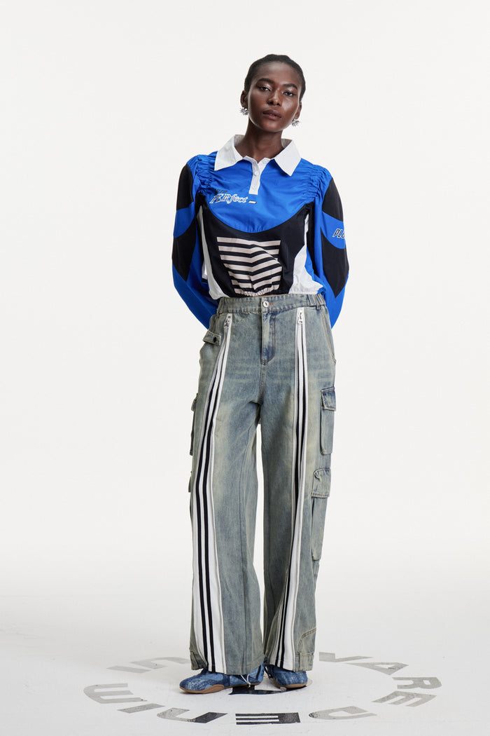 Colomba Zipper Stripe Cargo Jeans In Blue