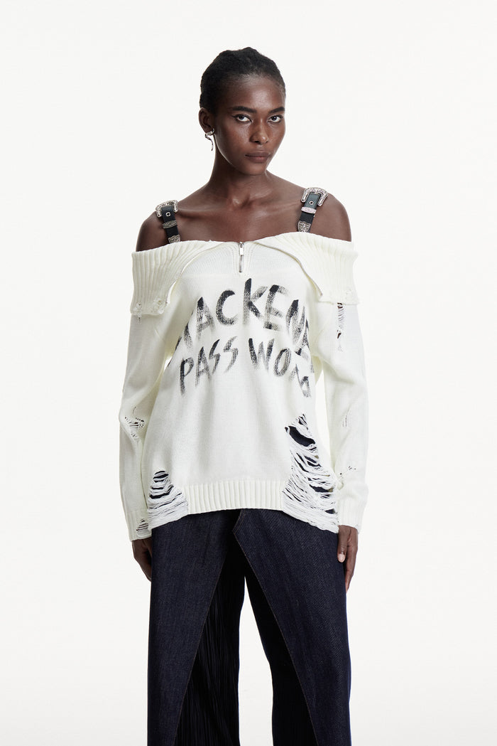 Conlaoch Off Shoulder Fringe Knit Top In White