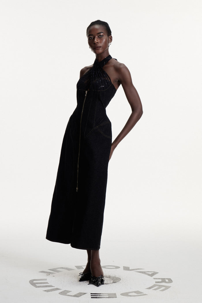 Connell Sequin Halter Neck Denim Maxi Dress