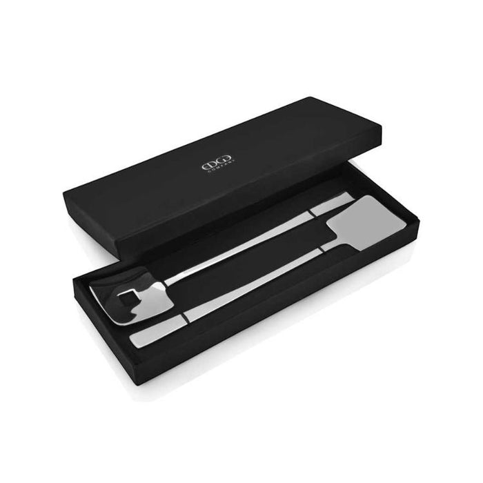 Eclectic Deco geometric salad servers in polished stainless steel presented in a sleek black gift box.