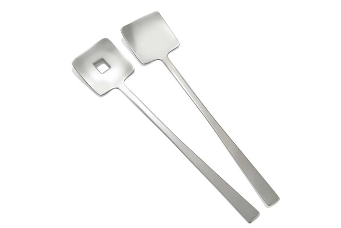 Eclectic Deco geometric salad servers in polished stainless steel with a square cutout design