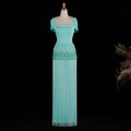 Dreamy Vow SS292 aqua square neck beaded fringe evening gown front