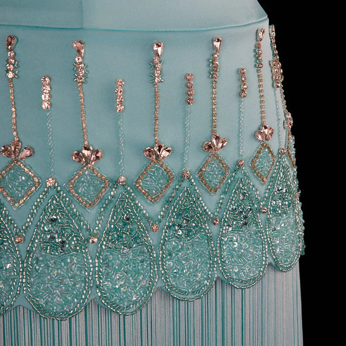 Dreamy Vow SS292 aqua beaded fringe evening gown detail