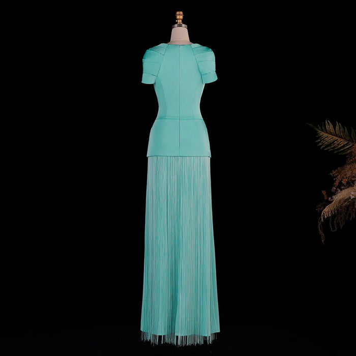 Dreamy Vow SS292 aqua beaded fringe column evening gown side