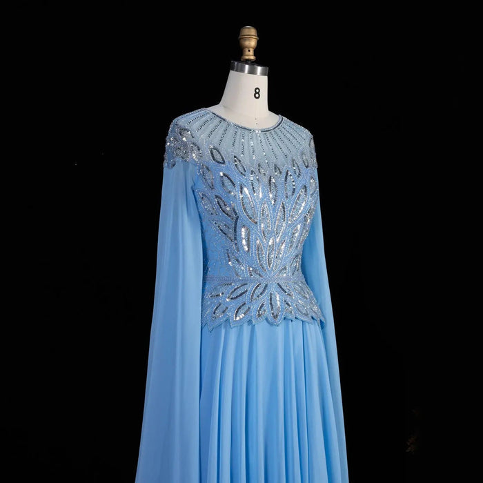 Elegant Crystal Beaded Evening Gown with Draped Sleeves SS104