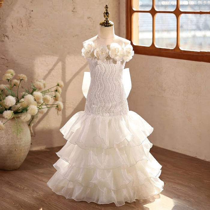 Elegant White Long Flower Girl Princess Gown with Sequin Bodice Tiered Tulle Skirt D364