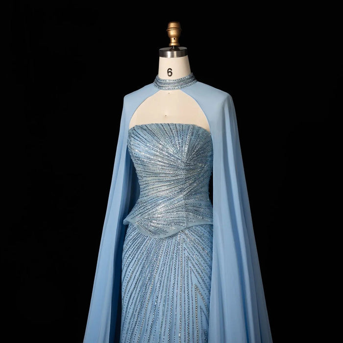DreamyVow Blue strapless beaded sheath with flowing cape Evening Dress Prom Dress SS112