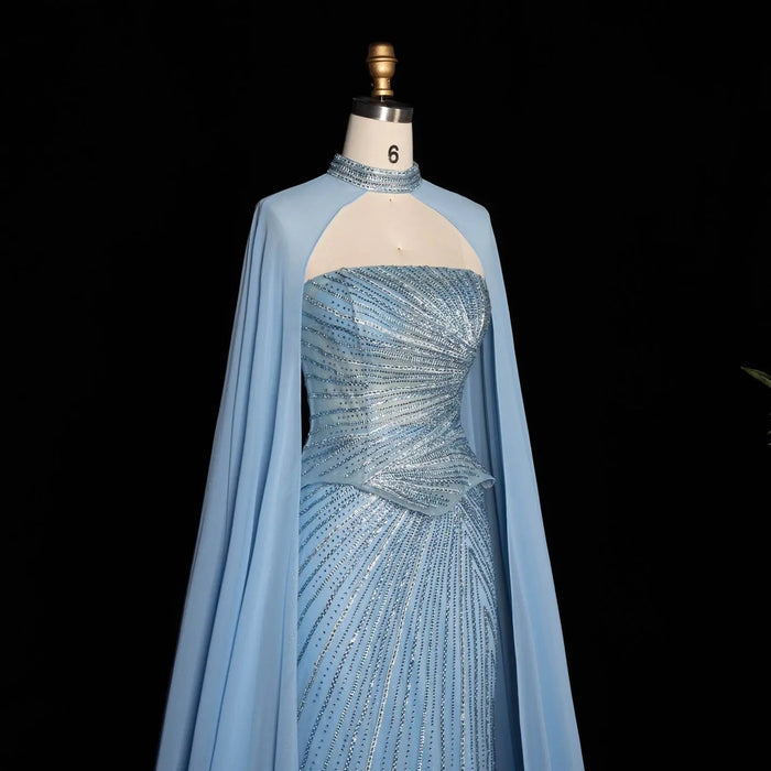 DreamyVow Blue strapless beaded sheath with flowing cape Evening Dress Prom Dress SS112
