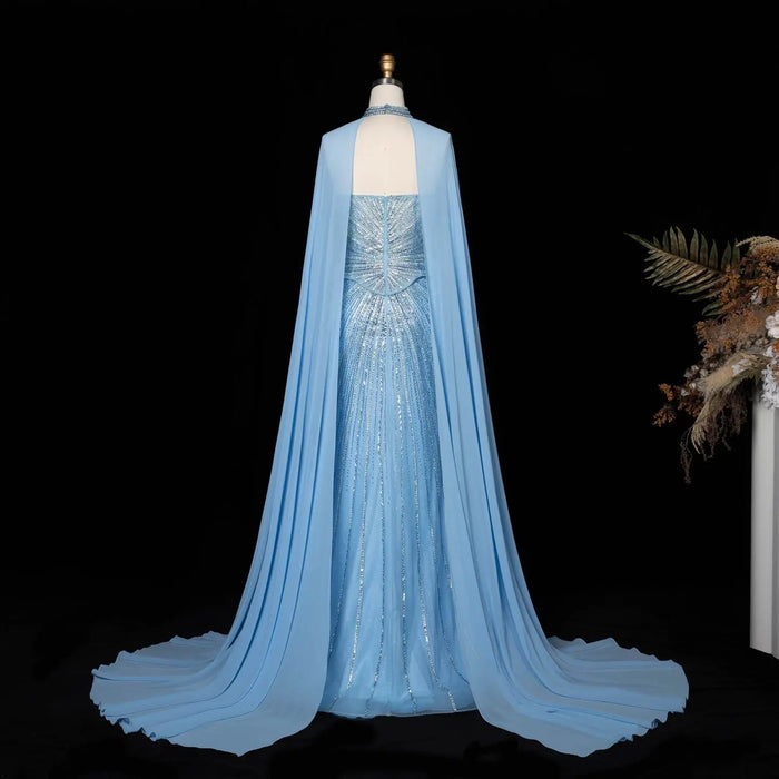 DreamyVow Blue strapless beaded sheath with flowing cape Evening Dress Prom Dress SS112
