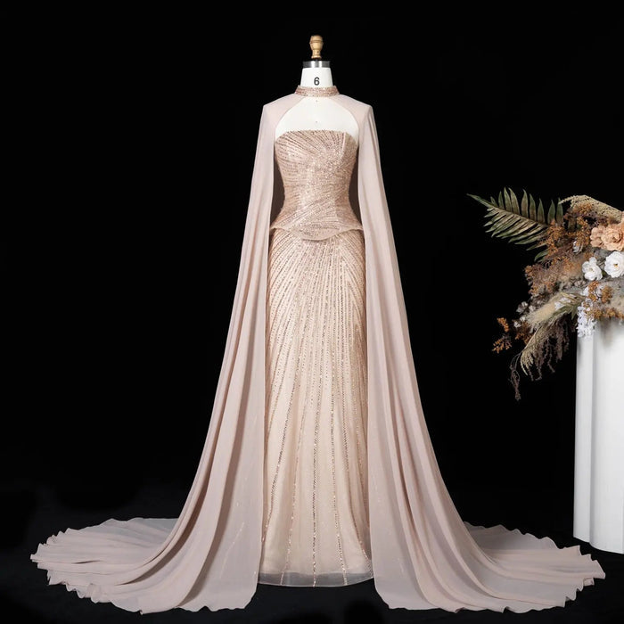 DreamyVow Champagne strapless beaded sheath with flowing cape Evening Dress Prom Dress SS112