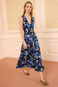 Navy Ikat Floral Silk Maxi Dress - Front On Model, Full Length | Ulla Johnson
