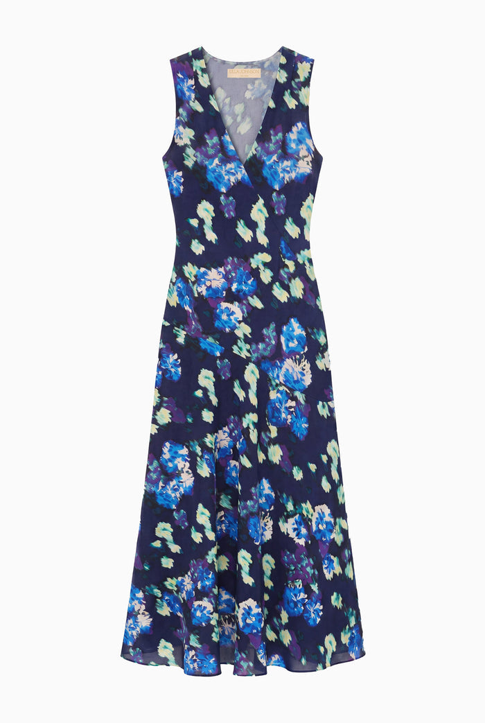 Navy Ikat Floral Silk Maxi Dress - Flat Lay, Designer Sleeveless Gown | Ulla Johnson