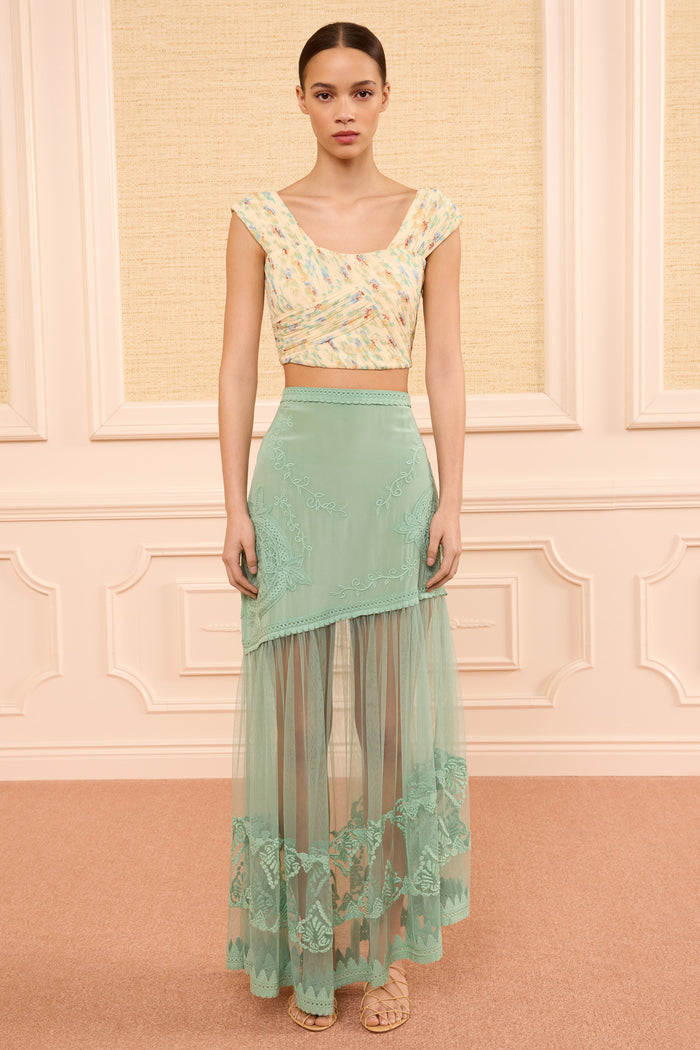 Arctic Designer Silk Midi Skirt - Front View, Sheer Tulle Hem | Ulla Johnson
