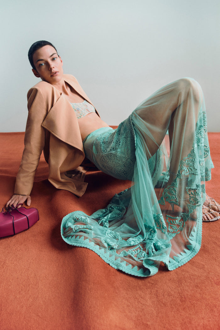 Arctic Designer Silk Skirt - Editorial Styled Look, Lace Tulle Hem | Ulla Johnson