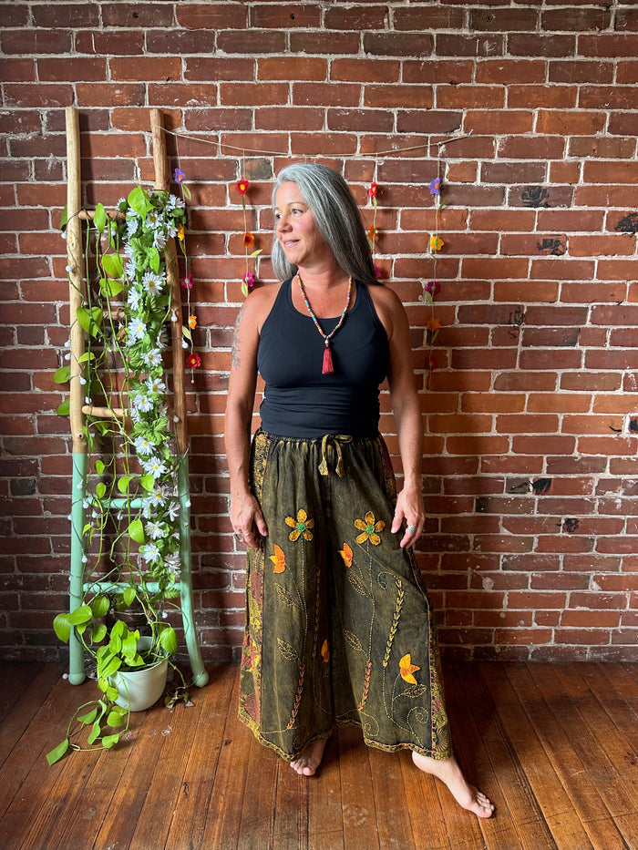 Embroidered Bohemian Flower Wide Leg Lounge Pants - Brown Clay 100% Cotton - Fair Trade Made