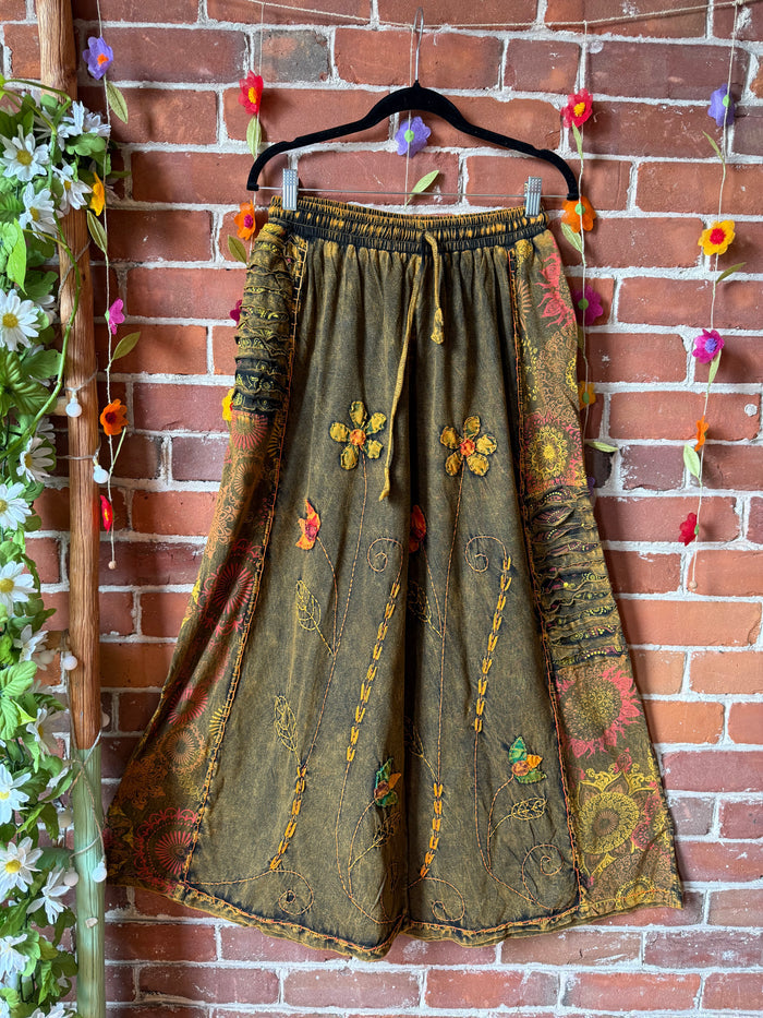 Embroidered Bohemian Flower Wide Leg Lounge Pants - Brown Clay 100% Cotton - Fair Trade Made