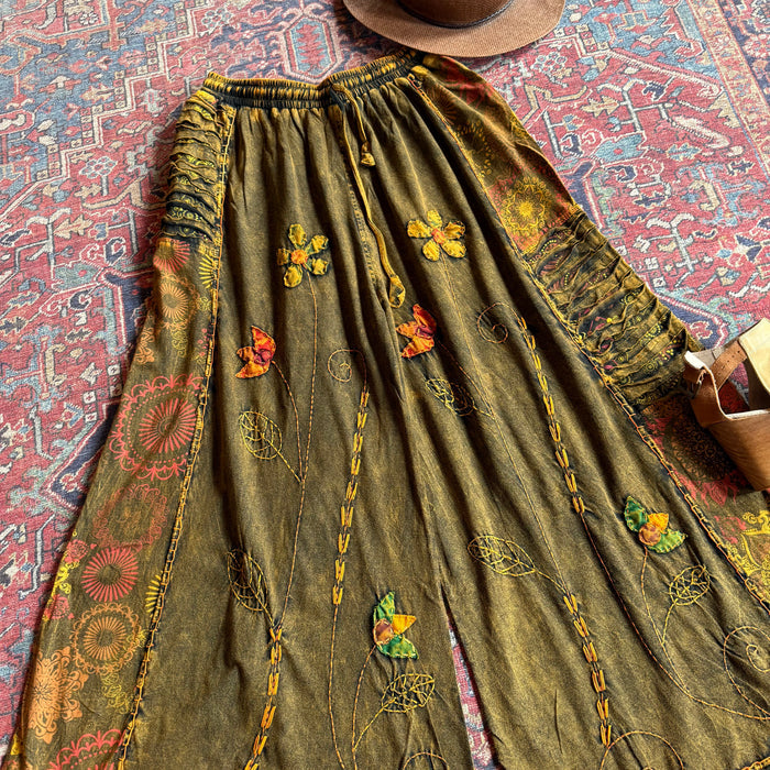 Embroidered Bohemian Flower Wide Leg Lounge Pants - Brown Clay 100% Cotton - Fair Trade Made