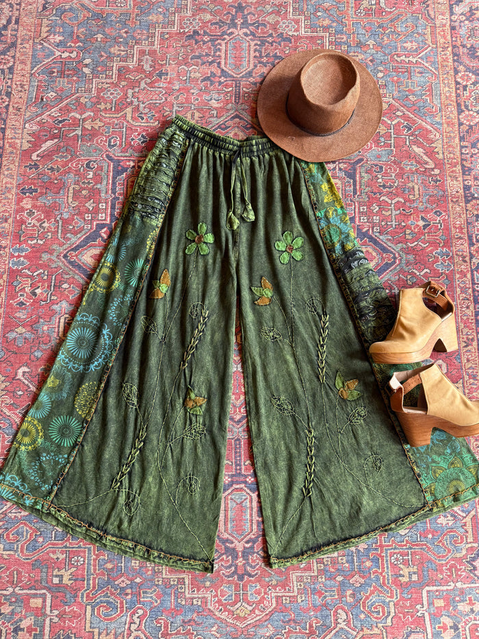 Embroidered Bohemian Flower Wide Leg Lounge Pants - Green 100% Cotton Fair Trade Made