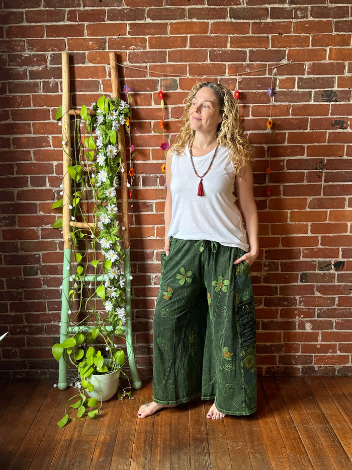 Embroidered Bohemian Flower Wide Leg Lounge Pants - Green 100% Cotton Fair Trade Made