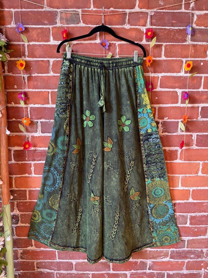 Embroidered Bohemian Flower Wide Leg Lounge Pants - Green 100% Cotton Fair Trade Made