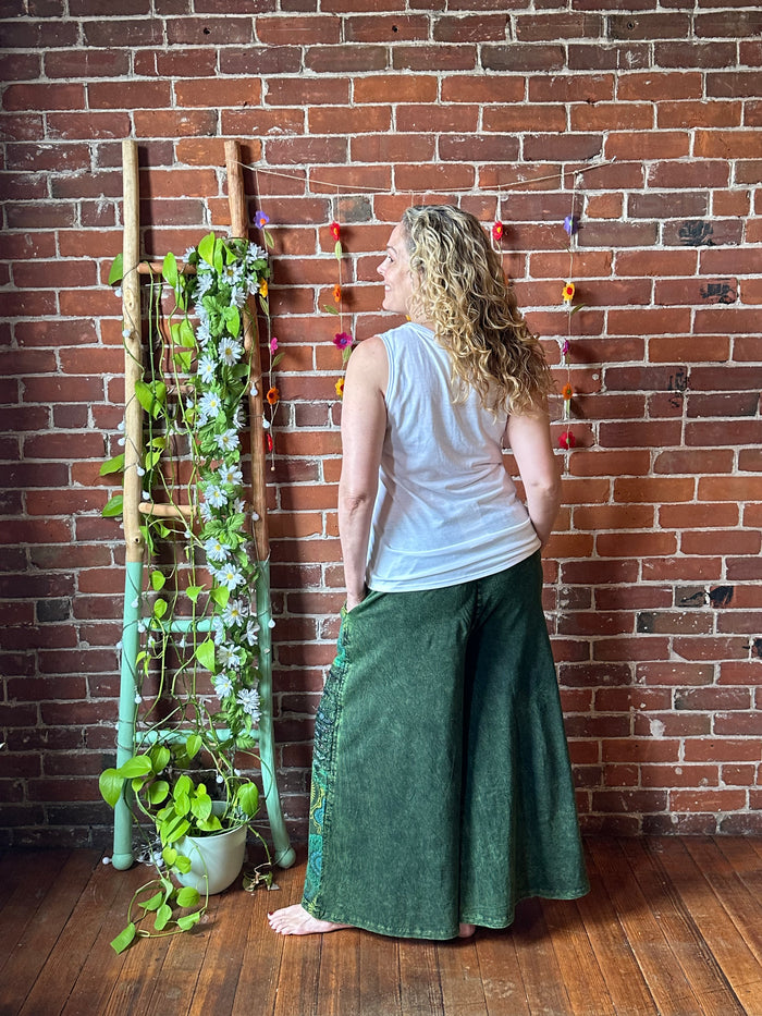 Embroidered Bohemian Flower Wide Leg Lounge Pants - Green 100% Cotton Fair Trade Made