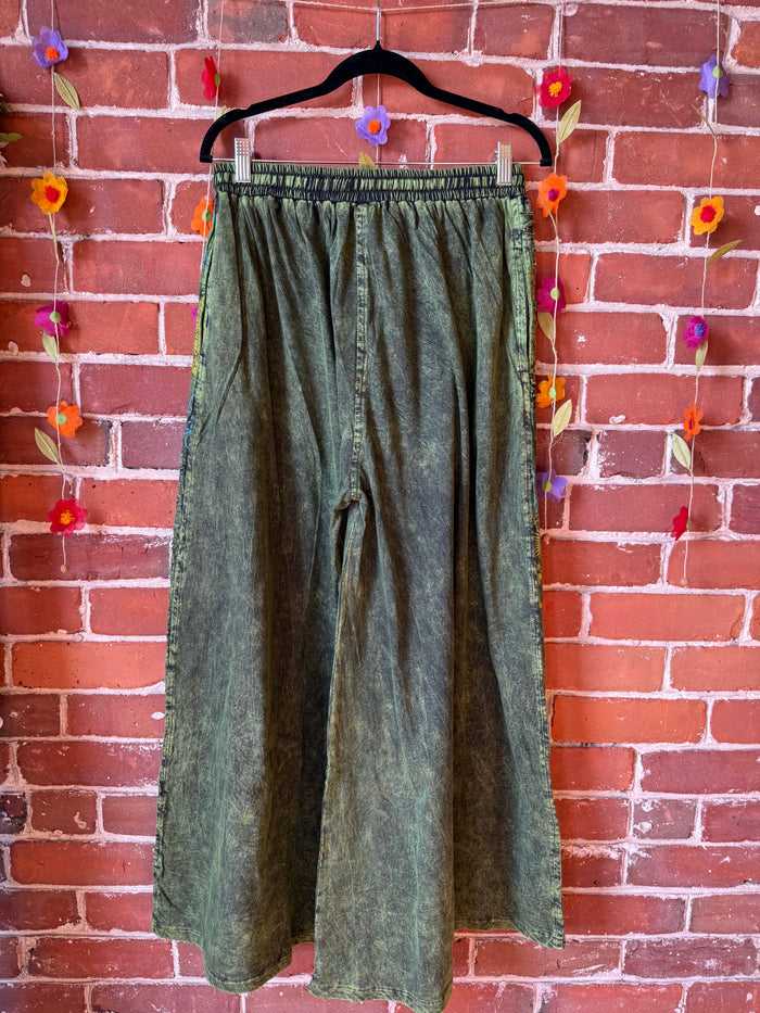 Embroidered Bohemian Flower Wide Leg Lounge Pants - Green 100% Cotton Fair Trade Made