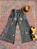 Embroidered Bohemian Flower Wide Leg Lounge Pants - Stone Gray 100% Cotton - Fair Trade Made