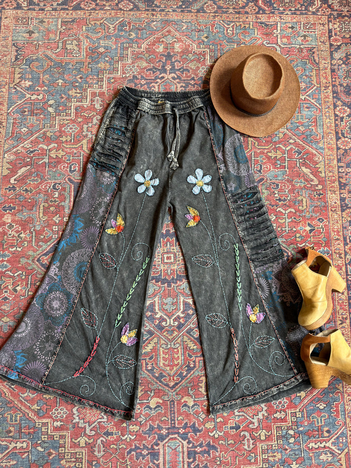 Embroidered Bohemian Flower Wide Leg Lounge Pants - Stone Gray 100% Cotton - Fair Trade Made