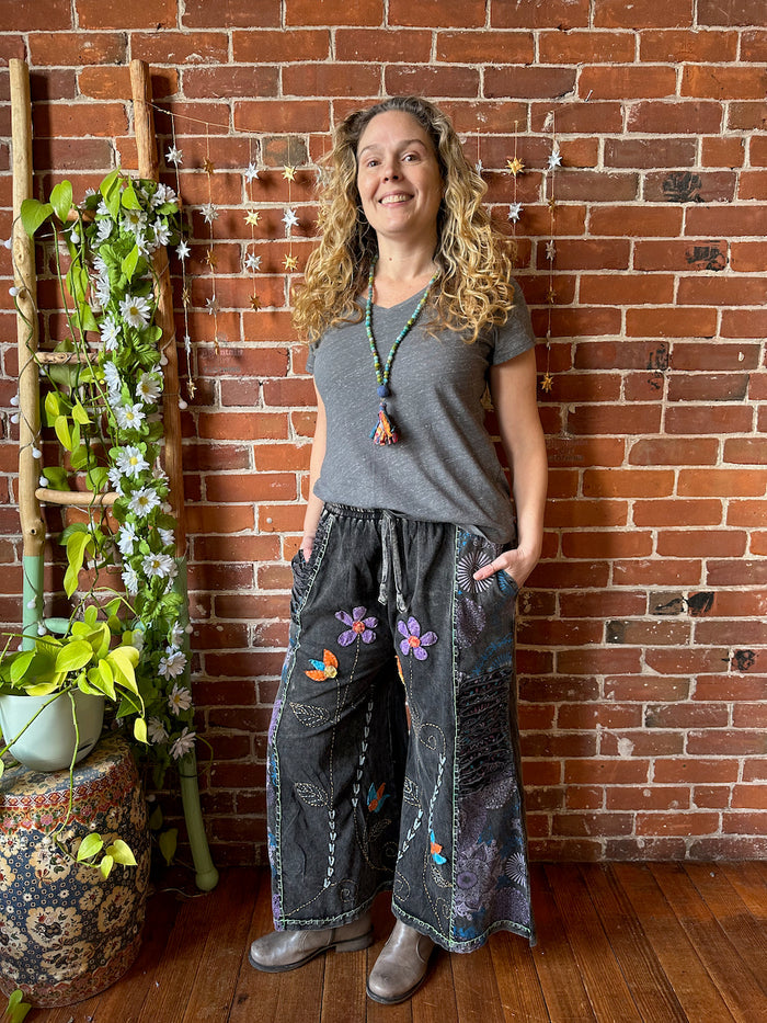 Embroidered Bohemian Flower Wide Leg Lounge Pants - Stone Gray 100% Cotton - Fair Trade Made