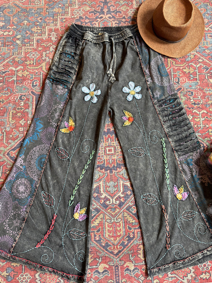 Embroidered Bohemian Flower Wide Leg Lounge Pants - Stone Gray 100% Cotton - Fair Trade Made