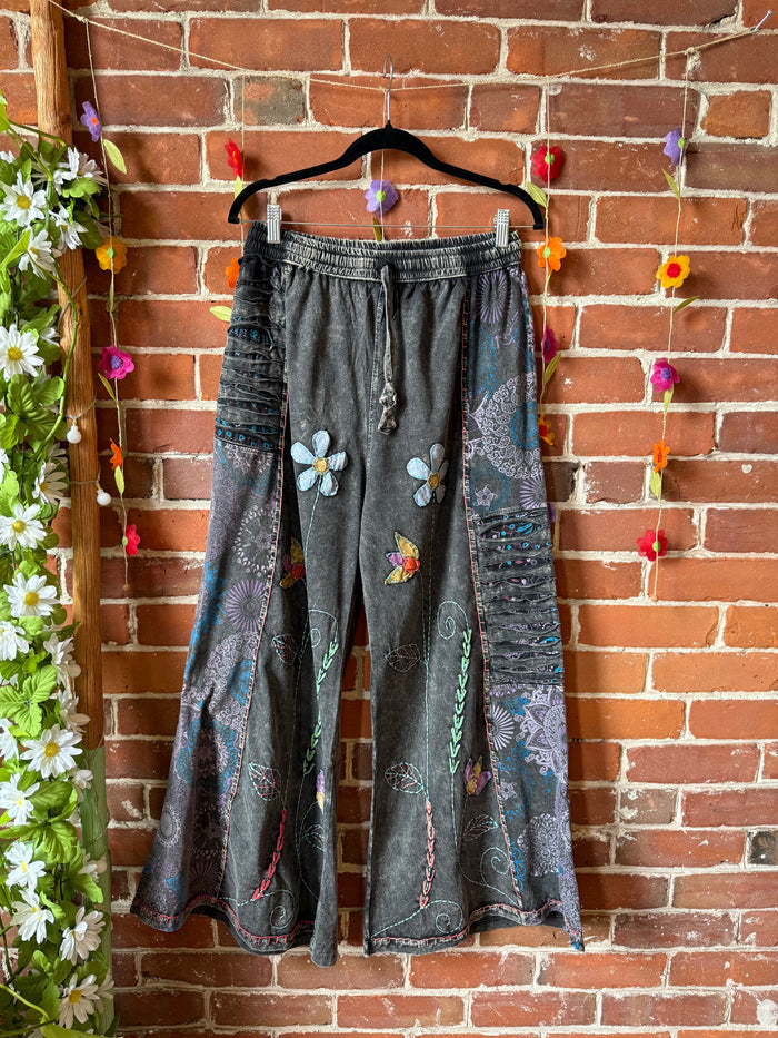 Embroidered Bohemian Flower Wide Leg Lounge Pants - Stone Gray 100% Cotton - Fair Trade Made