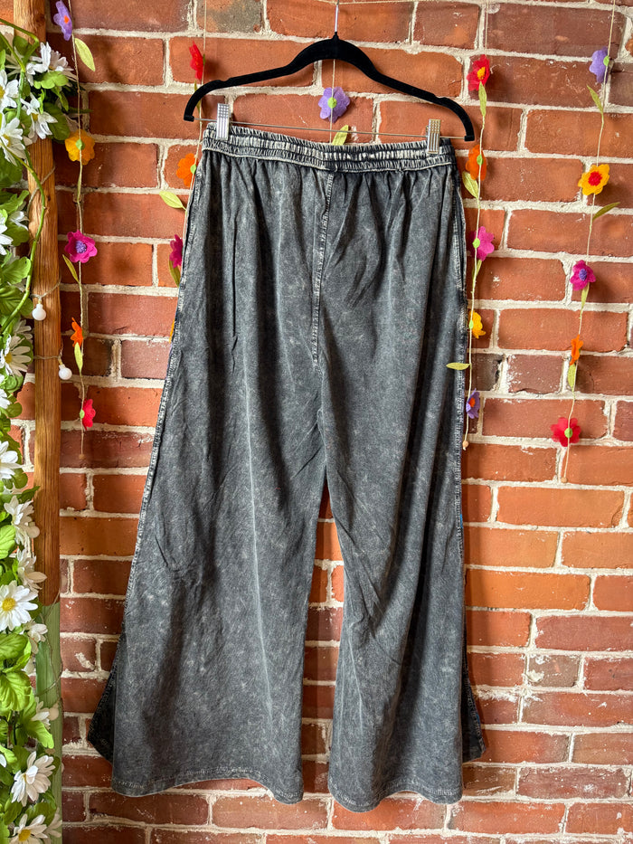 Embroidered Bohemian Flower Wide Leg Lounge Pants - Stone Gray 100% Cotton - Fair Trade Made