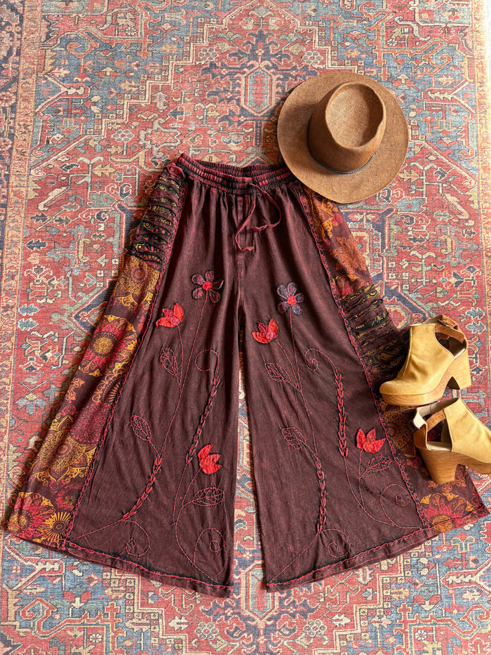 Embroidered Bohemian Flower Wide Leg Lounge Pants Earthy Red 100% Cotton -Fair Trade Made