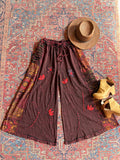 Embroidered Bohemian Flower Wide Leg Lounge Pants Earthy Red 100% Cotton -Fair Trade Made