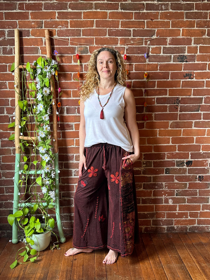 Embroidered Bohemian Flower Wide Leg Lounge Pants Earthy Red 100% Cotton -Fair Trade Made