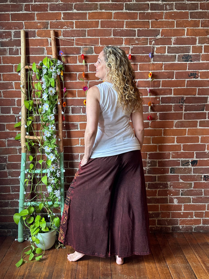 Embroidered Bohemian Flower Wide Leg Lounge Pants Earthy Red 100% Cotton -Fair Trade Made