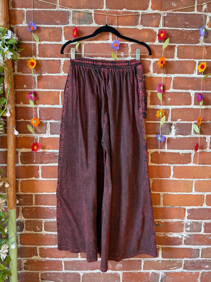 Embroidered Bohemian Flower Wide Leg Lounge Pants Earthy Red 100% Cotton -Fair Trade Made