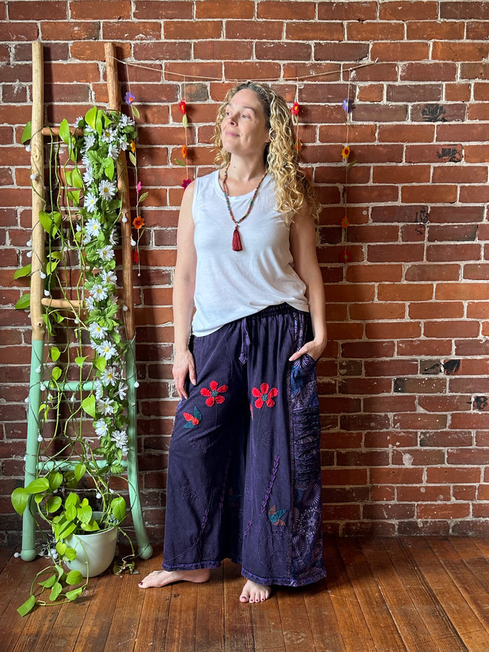 Embroidered Bohemian Flower Wide Leg Lounge Pants in Purple Haze 100% Cotton - Fair Trade Made