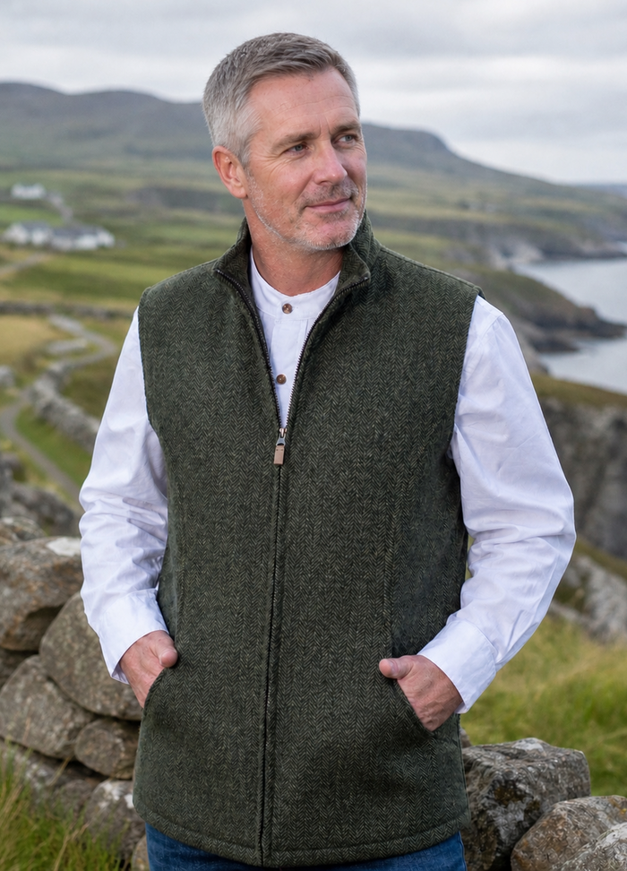 Emerald Isle Men's Green Herringbone Tweed Gilet