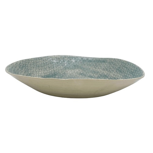 Eclectic Wonki Ware extra large handcrafted stoneware serving bowl with blue patterned interior and organic shape