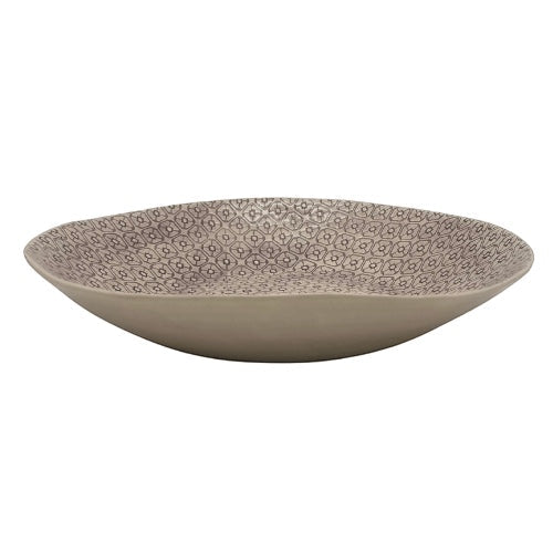 Eclectic Wonki Ware extra large stoneware serving bowl with a hand-impressed geometric pattern in a neutral grey wash.