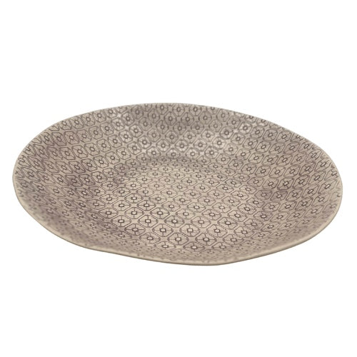 Eclectic Wonki Ware extra large stoneware serving bowl with a hand-impressed geometric pattern in a neutral grey wash.