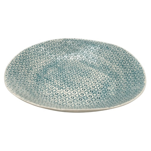 Eclectic Wonki Ware extra large stoneware serving bowl with a blue geometric pattern and organic, handcrafted shape.