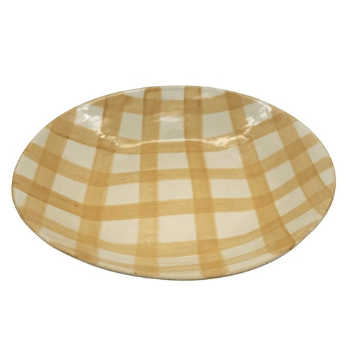 Eclectic Wonki Ware extra large stoneware serving bowl with a hand-painted beige and white checkered pattern.