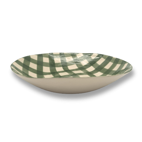 Eclectic Wonki Ware extra large stoneware serving bowl featuring a hand-painted green and white gingham check pattern.